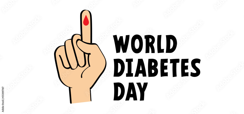 Cartoon hand with blood drop. World diabetes day. Human hands and lifted up index. Finger and drops of blood. November 14, global awareness campaign focusing on diabetes. Blue ribbon. Cartoon hand with blood drop. World diabetes day. Human hands and lifted up index. Finger and drops of blood. November 14, global awareness campaign focusing on diabetes. Blue ribbon.