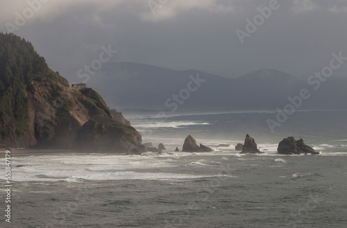 rocky outcroppings of Lost boy beach from Cape Meares, Oregon, US