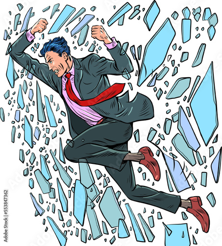 businessman punches glass protest panic bankruptcy, falling out the window, office clerk