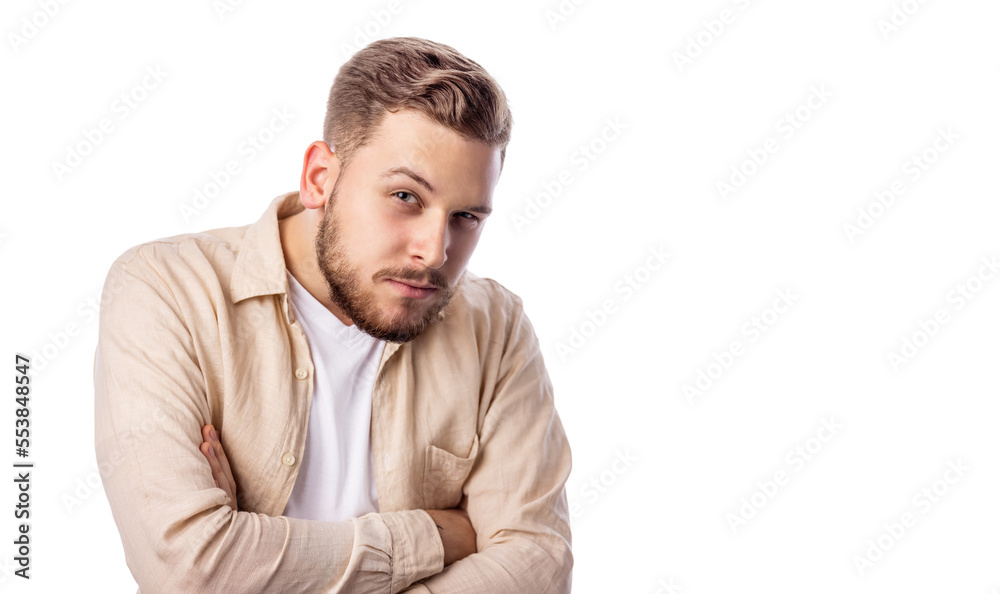 Portrait of handsome funny distrustful male standing on white bckground Portrait of handsome funny distrustful male standing on white bckground