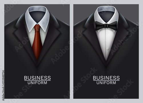 Postcard business cards with elegant suit and tuxedo. Vector