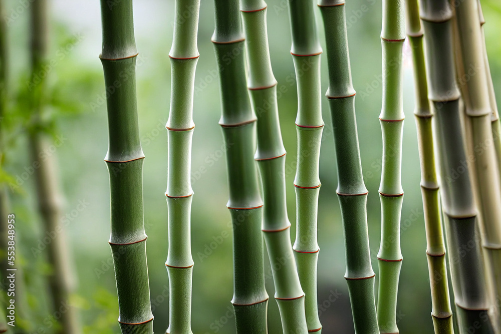 Fototapeta premium green bamboo shoots grow against the background of green nature, generative AI