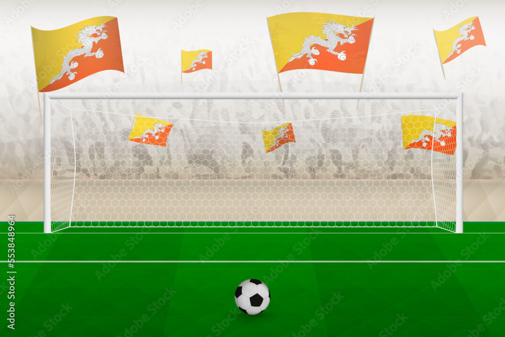 Bhutan football team fans with flags of Bhutan cheering on stadium