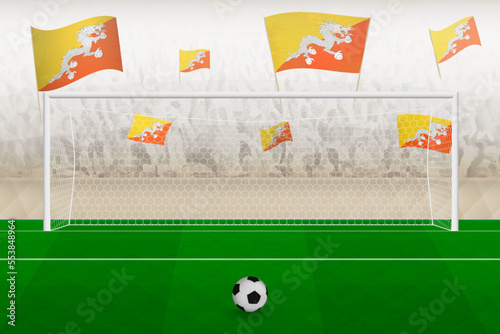 Bhutan football team fans with flags of Bhutan cheering on stadium, penalty kick concept in a soccer match.