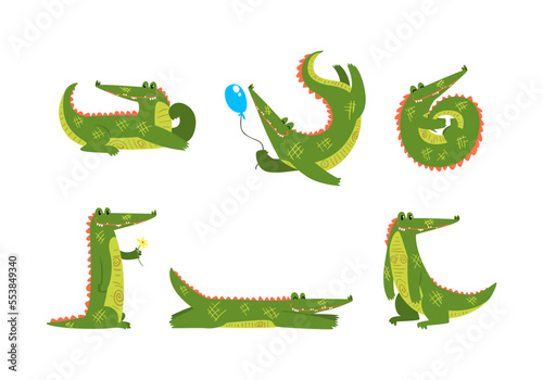 Funny Green Crocodile with Toothy Smile Engaged in Different Activity Vector Set