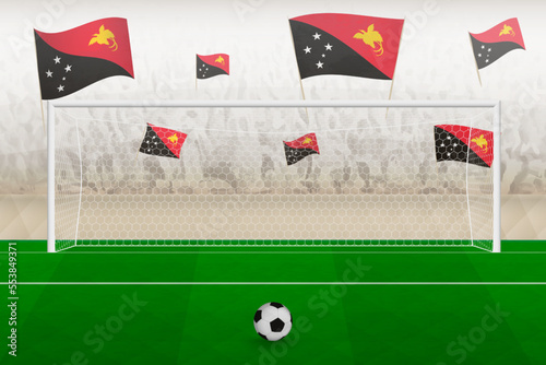 Papua New Guinea football team fans with flags of Papua New Guinea cheering on stadium, penalty kick concept in a soccer match.
