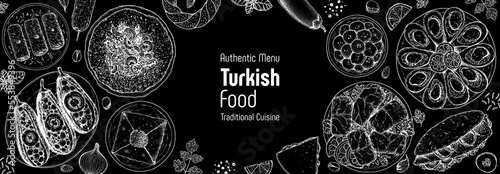 Turkish food top view vector illustration. Food menu design template. Hand drawn sketch. Turkish food menu. Vintage style. Imam Bayildi, Lahmacun, Katmer, Simit, Dolma, Dolma, Balik Ekmek, Kebab