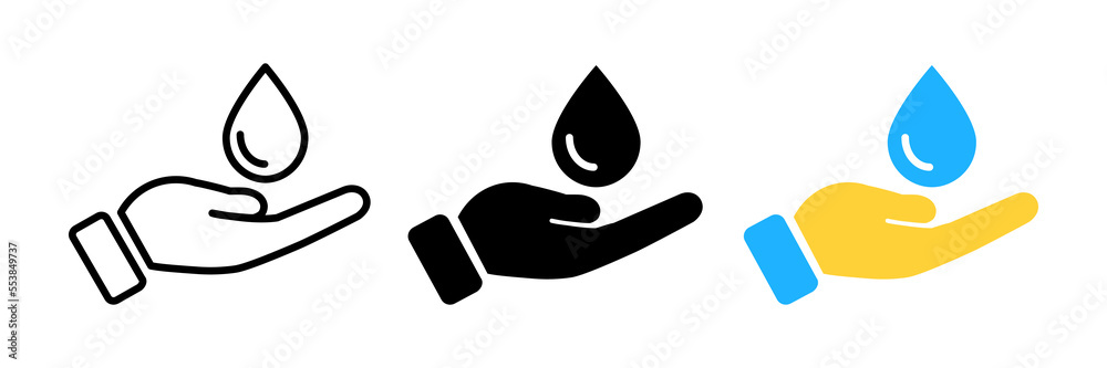Hand holding water drop line icon, outline vector sign, linear style pictogram isolated on white. Symbol, logo illustration. eps 10 Hand holding water drop line icon, outline vector sign, linear style pictogram isolated on white. Symbol, logo illustration. eps 10
