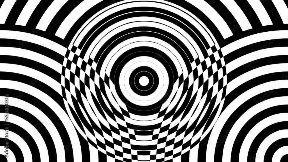 Looped black white animation with circles and optical illusions. Op Art seamless footage. Disco. VJ loops. Holiday background. 4K
