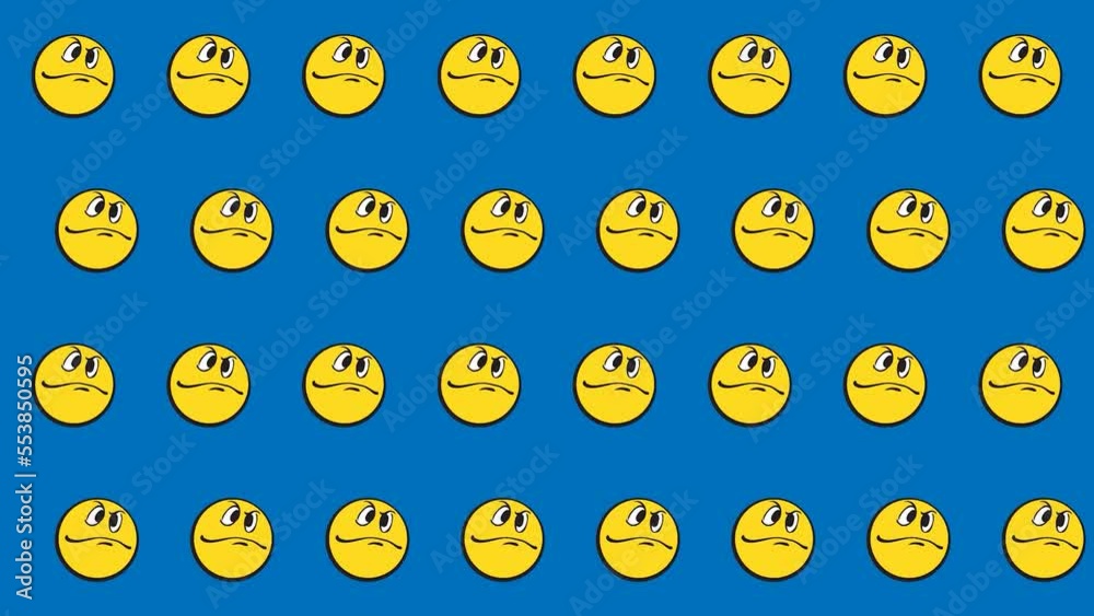 seamless animated pattern 2D motion graphic background with cartoon emoticon emoji icon puzzled angry face