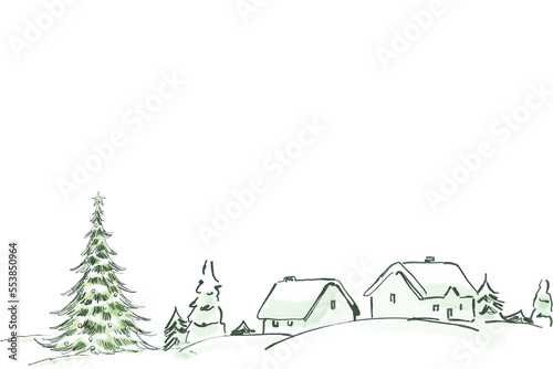 Christmas card template on white background with Christmas tree and Christmas village Winter card template on white background