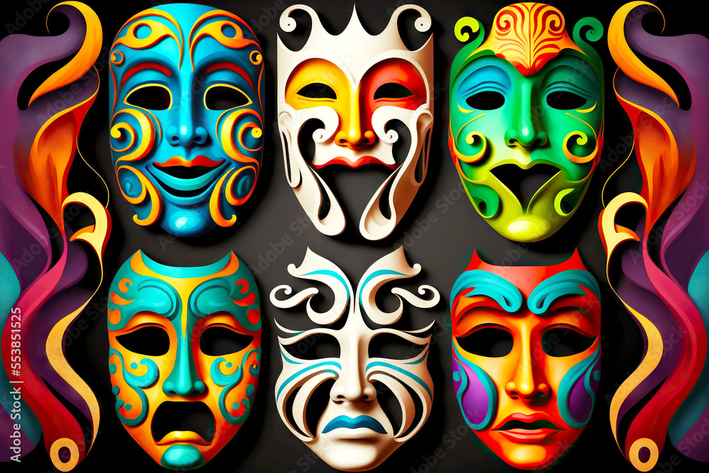 carnival or theatrical masks with different emotions. masks expressing happiness, joy, sadness, sadness, longing and other emotions, art performance - obrazy, fototapety, plakaty 