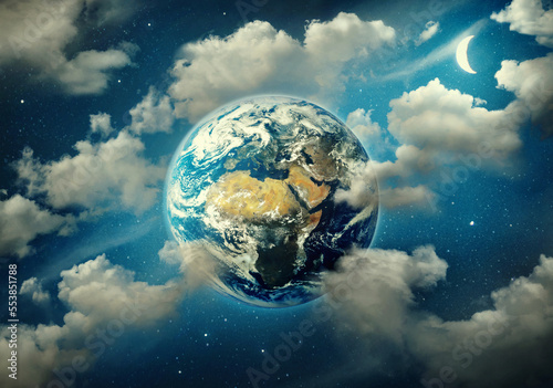 Fototapeta Naklejka Na Ścianę i Meble -  Planet Earth surrounded by clouds, the moon and stars in the night sky. Fantasy  collage on travel, geography, space, science and education topics. Elements of this image furnished by NASA.