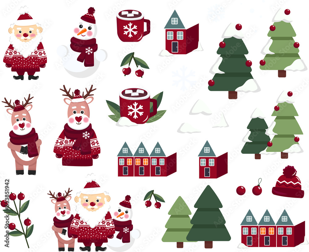 PNG elements of Merry Christmas, Happy New Year with Santa Claus, Deer, Snowman, christmas tree, Hot chocolate, scandinavian houses, christmas sweather, beanie hat