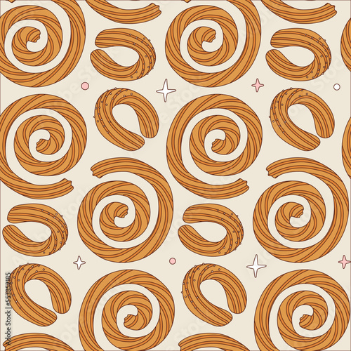 Seamless pattern with spiral Spanish churro. Latin American traditional pastries. Endlessly repeating churros. Vector contour vintage illustration for design.