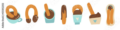 Set of churros with chocolate sauce. Tradition Spanish, Portuguese or Mexican dessert with choco topping. A pastry sweet snack on a dish, chocolate dip in a bowl and cup. Vector food illustration.