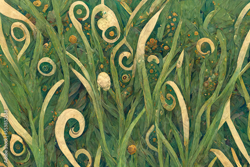 Beautiful drawing of grass swirling in a beautiful background, spring is calling grass, Easter feeling in the air, illustration, generative AI