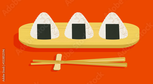 Three onigiri on wooden board and chopsticks vector illustration isolated on orange background. Traditional Japanese rice balls. Flat cartoon style
