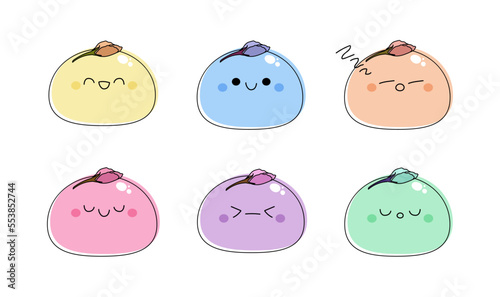 Mochi cute characters set vector illustration isolated on white background. Rice cakes with different emotions decorated with sakura blossom buds. Doodle kawaii style