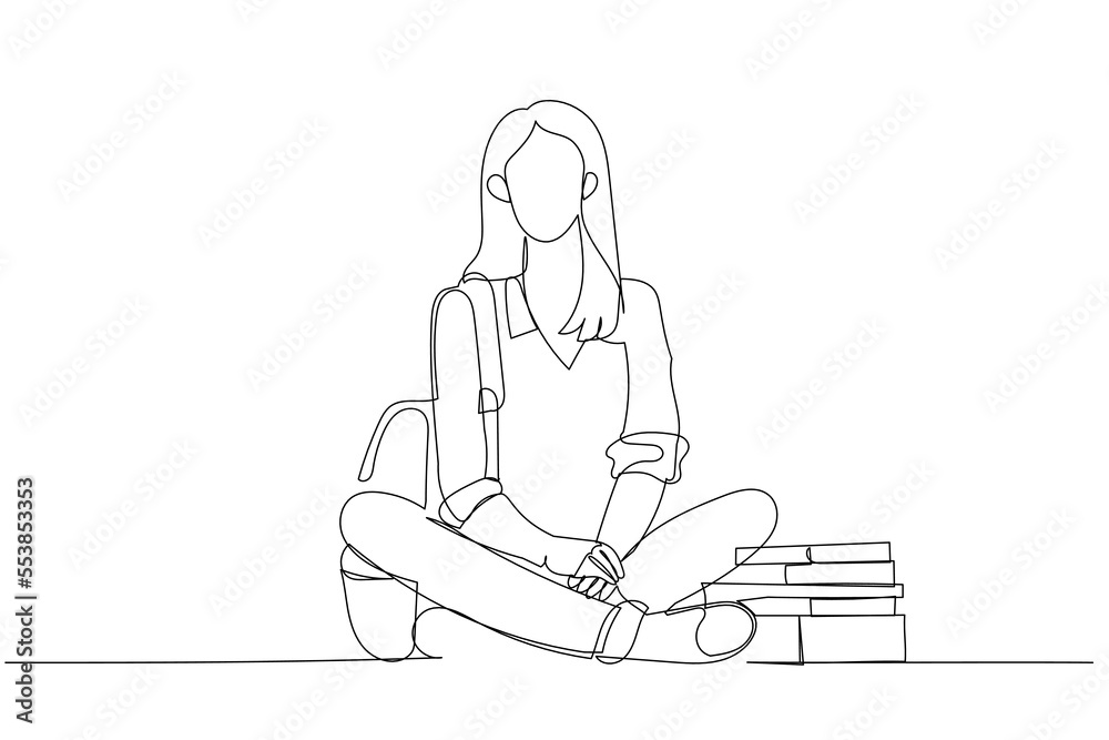 Cartoon of female student sitting after having class. One line art style Cartoon of female student sitting after having class. One line art style