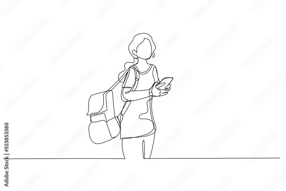 Cartoon of side portrait of woman student walking with bag and cellphone. One line style art