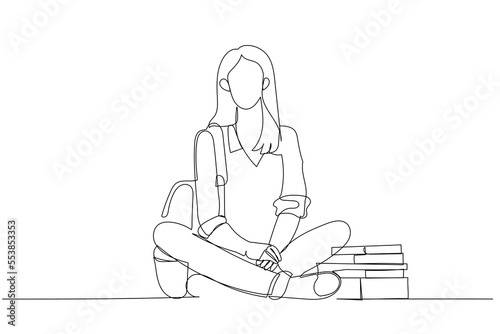 Cartoon of female student sitting after having class. One line art style