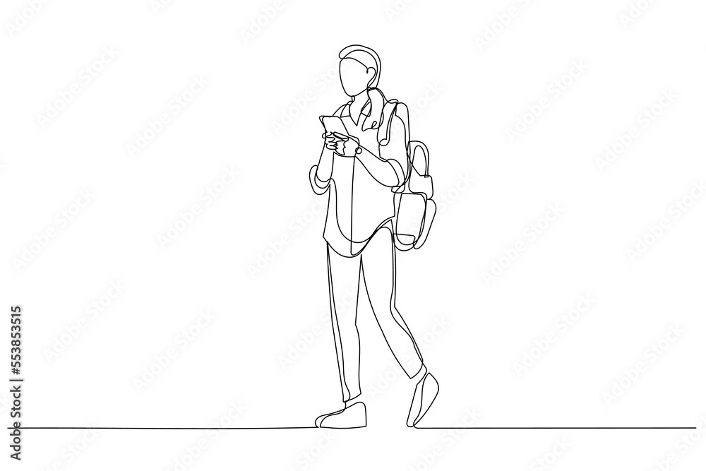 Illustration of young beautiful woman student carrying personal bag standing. Single line art style