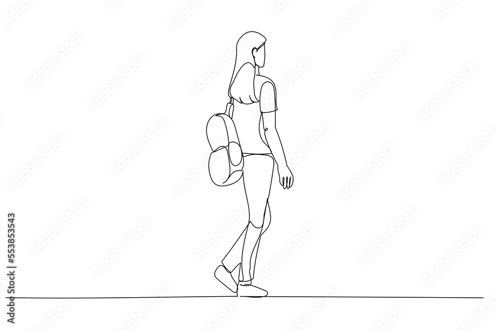 Illustration of back view of walking woman with backpack. Single line art style Illustration of back view of walking woman with backpack. Single line art style