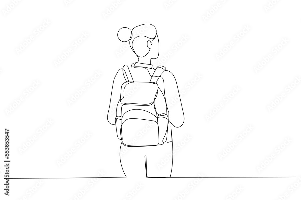 Drawing of student with backpack rear view looking to copyscpace. Continuous line art