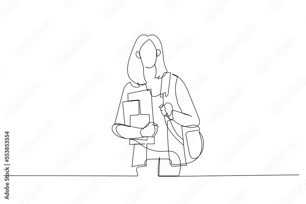 Illustration of female student wearing backpack holding books and tablet. Single continuous line art