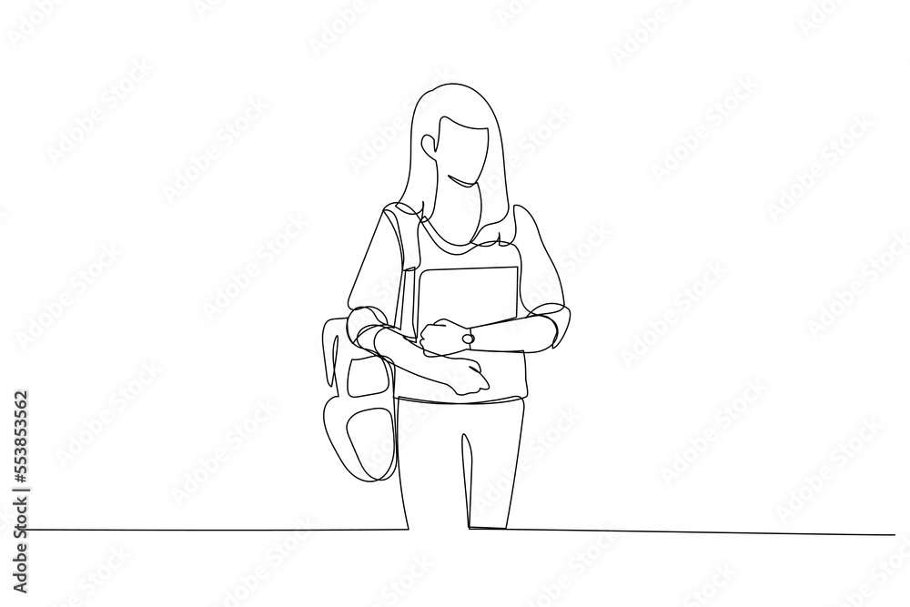 Cartoon of woman student using laptop at university. One continuous line art style