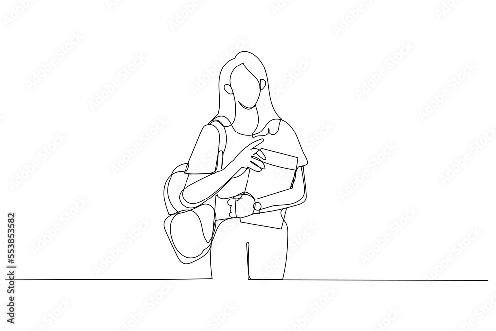Cartoon of school girl with bag and books posing at camera happy to go school. One line art style