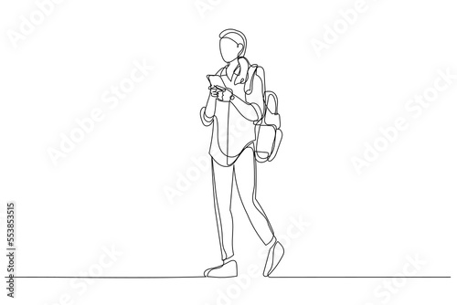 Illustration of young beautiful woman student carrying personal bag standing. Single line art style