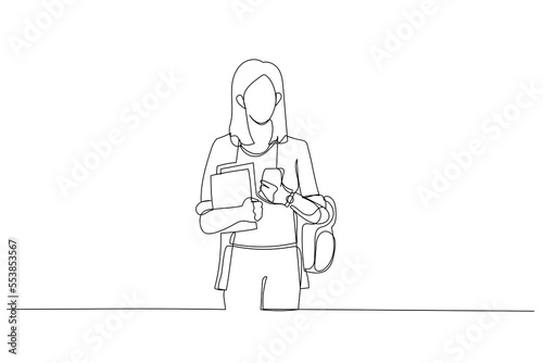 Illustration of student girl with backpack at university with mobile and workbooks. Single line art style
