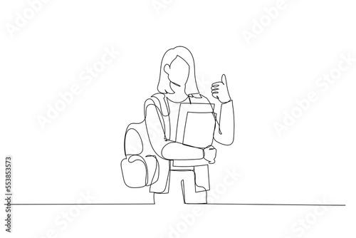 Drawing of college young girl student with thumb up holding tablet and lecture books. Single continuous line art style