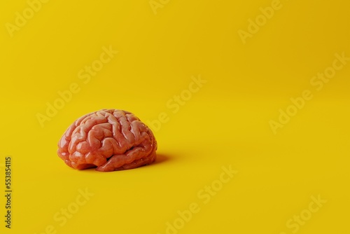 Brain on a yellow background. Medical concept, brain diseases, mental problems. Operations and treatment of the brain. 3d rendering, 3d illustration.