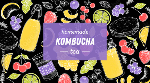 Kombucha tea and ingredients for kombucha sketch. Hand drawn vector illustration. Kombucha drink. Tea mushroom, tea fungus, or Manchurian mushroom.