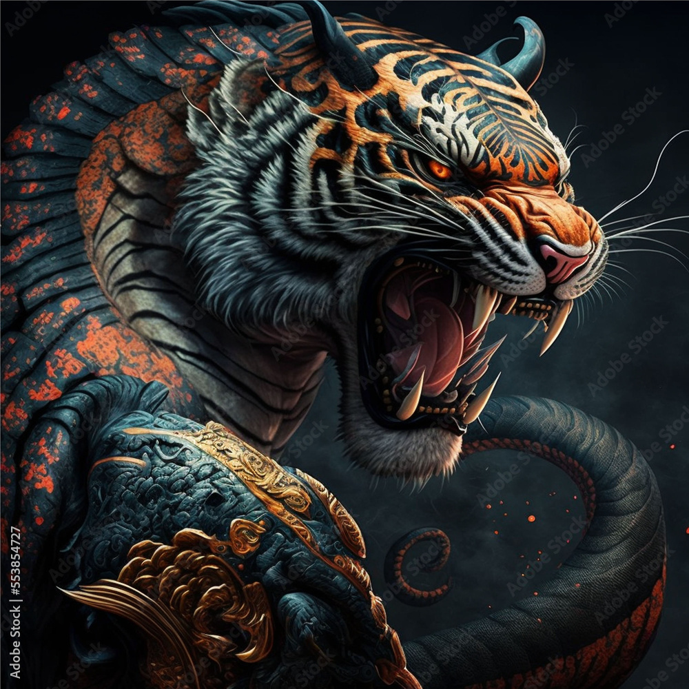 tiger deagon in japanese style,tiger in the sky,tiger in the dark,tiger