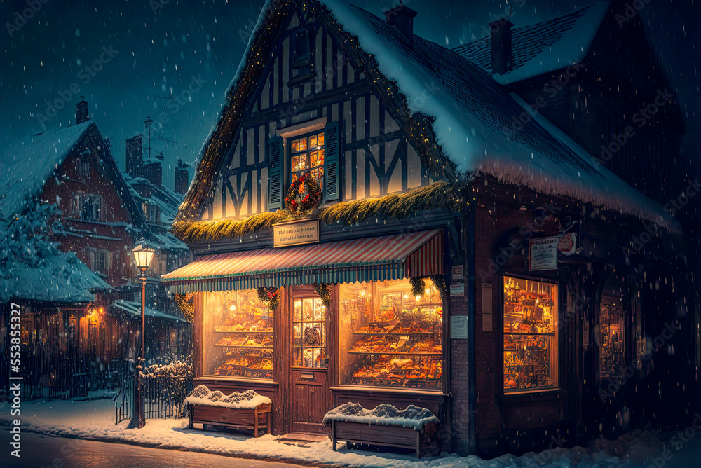 European Christmas market, night, decorated, glowing warm light. Generative AI