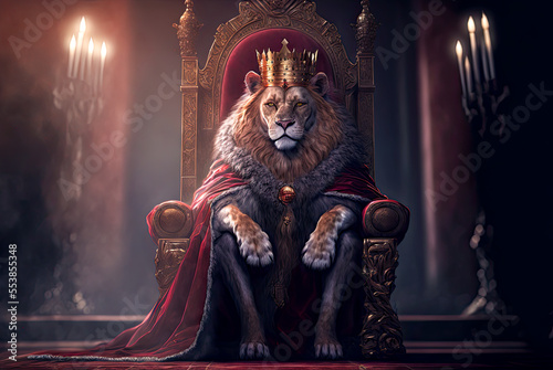 Fotografia, Obraz Royal lion sitting on a throne, candles. Generative AI