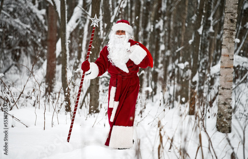 Santa Claus with bag of Christmas gifts is walking in snow forest.
