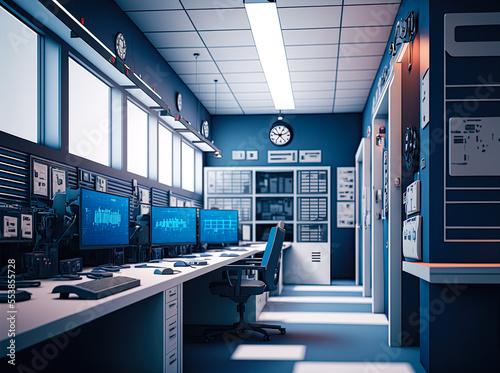 Modern police station, computer room, blue and white, architectural concept. Generative AI