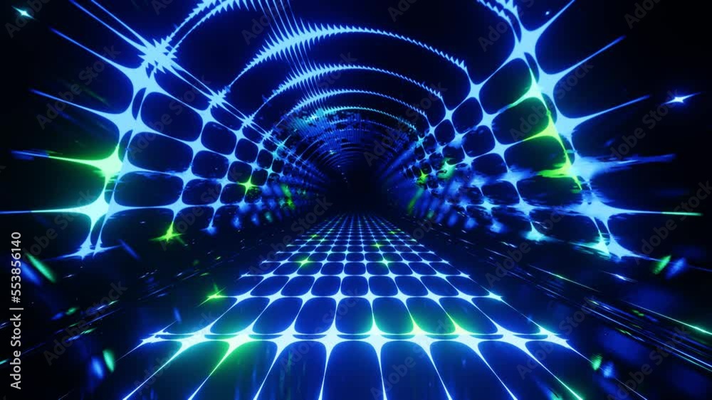 4k seamless looped animation. Fly through mirror tunnel with neon pattern, glow lines form sci fi pattern. Bright reflection neon light. Simple bright background, sci fi structure