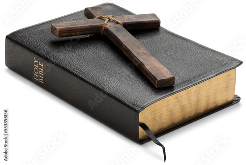 Photography religion concept. Black bible with wooden cross