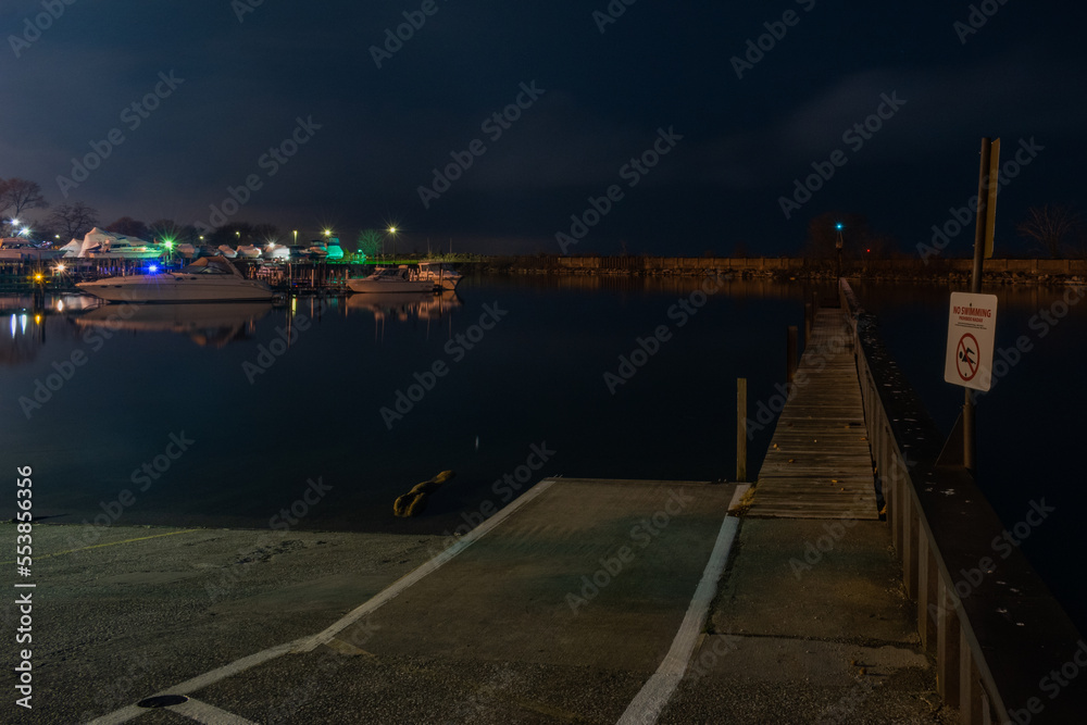 Boat ramp and dock and nighttime long exposure.