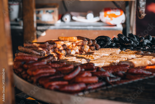 Grilled food from Medieval Fair in A Coru a. Big meat grill: sausages, black pudding, pork, chorizo