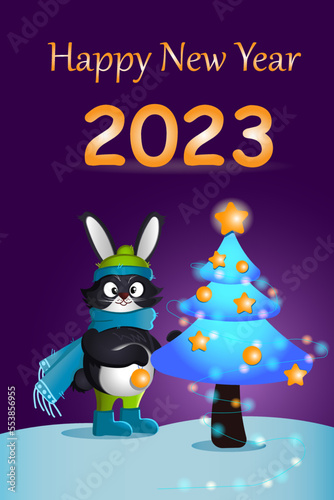 New year 2023 postcard with black rabbit in a crocheted costume  garland on a Christmas tree on a dark purple background. 