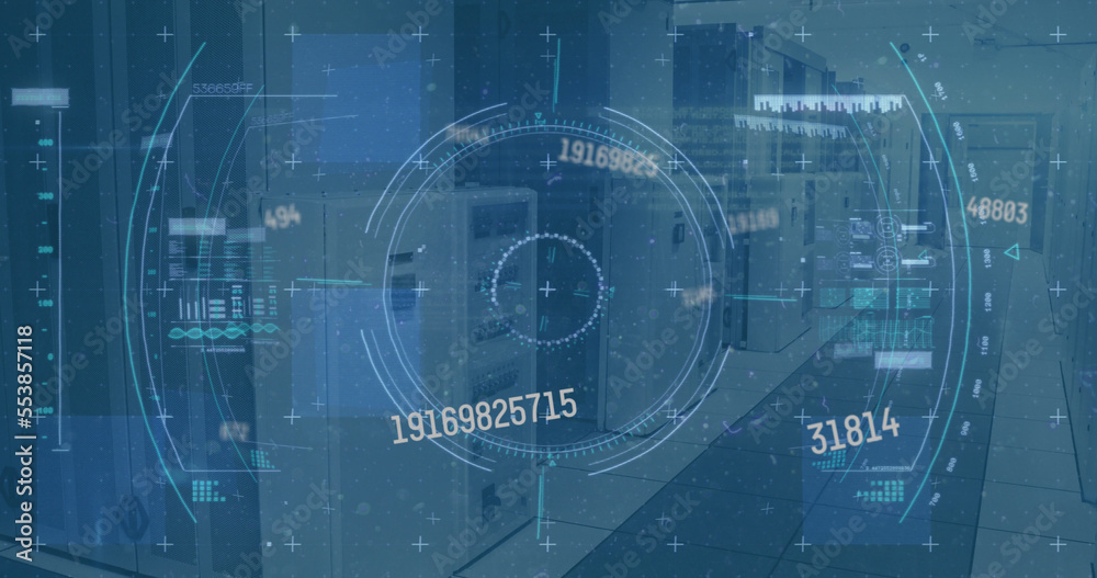 Image of scope scanning and data processing over empty office Image of scope scanning and data processing over empty office