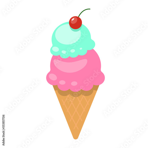 Ice cream cone with a cherry on top. Two colored ice cream. Mint and pink. Vector illustration