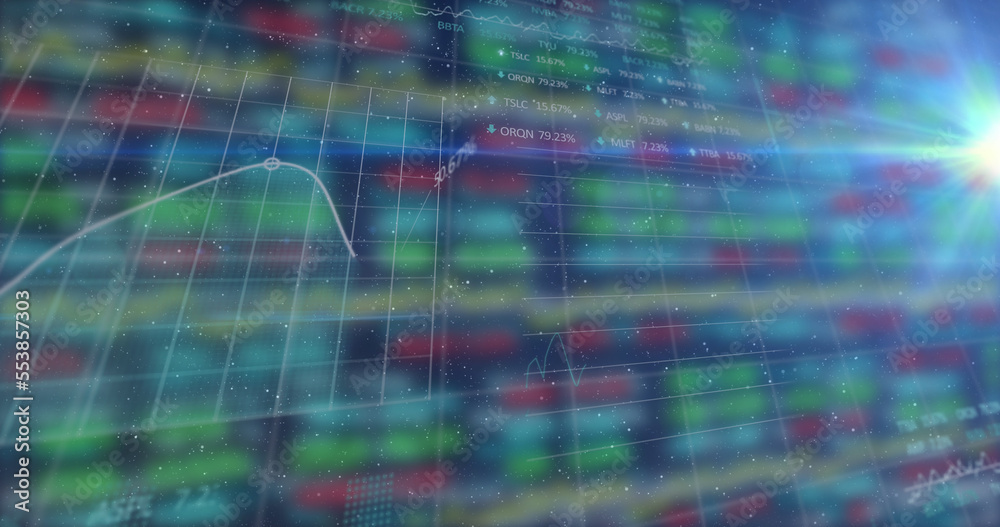Image of digital grid pattern with line graph and trading board against colorful background Image of digital grid pattern with line graph and trading board against colorful background